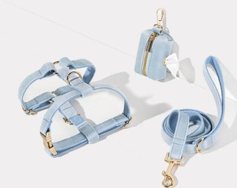 Könnte beinhalten: Ein hellblaues Hundegeschirr, eine Leine und ein Kotbeutelhalter-Set. Das Geschirr hat goldene Beschläge und die Leine einen goldenen Haken. Der Kotbeutelhalter ist eine kleine Tasche mit Reißverschluss und einem goldenen Clip.