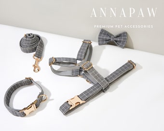 Gray Plaid Dog Harness and Leash Collar Bow Set, Personalised Harness with Name Engraved, Boy Dog Harness Bow tie Collar Set