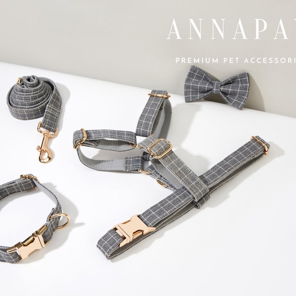 Gray Plaid Dog Harness and Leash Collar Bow Set, Personalised Harness with Name Engraved, Boy Dog Harness Bow tie Collar Set