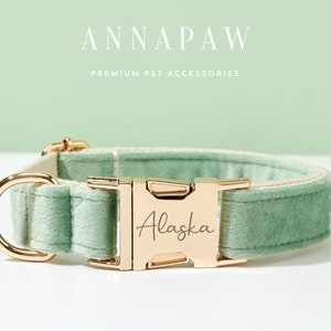 Handmade Sage Green Velvet  Dog Collar Bowtie Set,Personalized Puppy Collar Leash Bowtie,Fancy Dog Collar Leash Bowtie For Wedding Gift