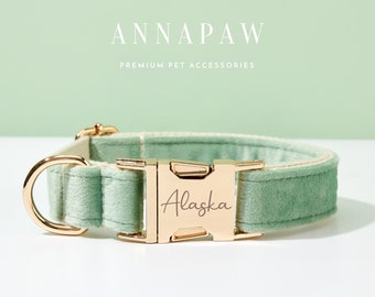 Handmade Sage Green Velvet  Dog Collar Bowtie Set,Personalized Puppy Collar Leash Bowtie,Fancy Dog Collar Leash Bowtie For Wedding Gift