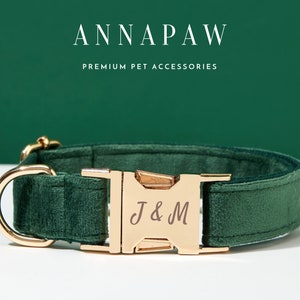Personalized Emerald Green Velvet Dog Collar Bowtie Set,Handmade Puppy Collar Leash Bowtie For Wedding Gift,Fancy Engraved Dog Collar