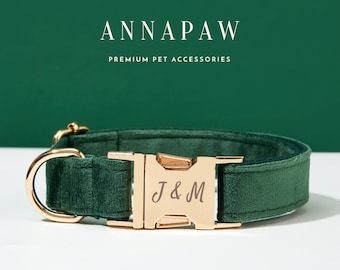 Personalized Emerald Green Velvet Dog Collar Bowtie Set,Handmade Puppy Collar Leash Bowtie For Wedding Gift,Fancy Engraved Dog Collar
