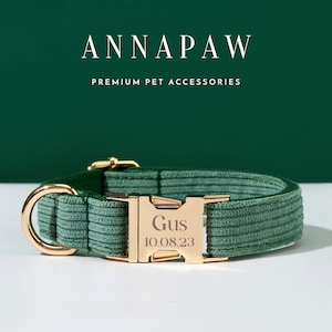 Handmade  Forest Green Corduroy Dog Collar Bow tie Set, Custom Dog Collar and Leash, Collar for Birthday Gift,Engraved Name on Puppy Collar