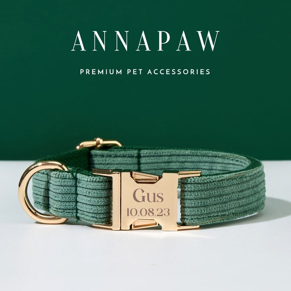 Ensemble de collier pour chien en velours côtelé vert forêt fait main, collier et laisse pour chien personnalisés, collier pour cadeau d'anniversaire, nom gravé sur le collier pour chiot