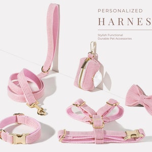 Hot Pink Corduroy Dog Harness+Leash+Collar+Bow tie+Poo Bag Holder Set, Personalised Step in Harness Fancy Luxurious Engraved Nameplate
