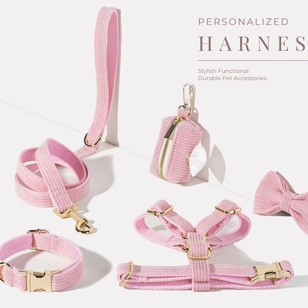 Hot Pink Corduroy Dog Harness+Leash+Collar+Bow tie+Poo Bag Holder Set, Personalised Step in Harness Fancy Luxurious Engraved Nameplate