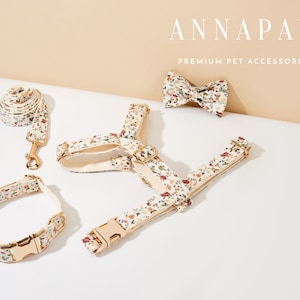 Floral Dog Harness and Leash Collar Bow Set, Personalised Harness with Name Engraved, Soft Luxury Harness Bow tie Flower Collar Set