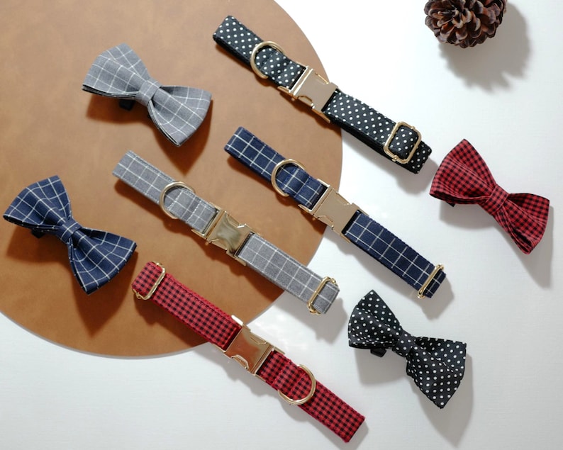 Free Name Engraving Navy Blue Plaid Personalized Dog Collar and Leash Bow tie set