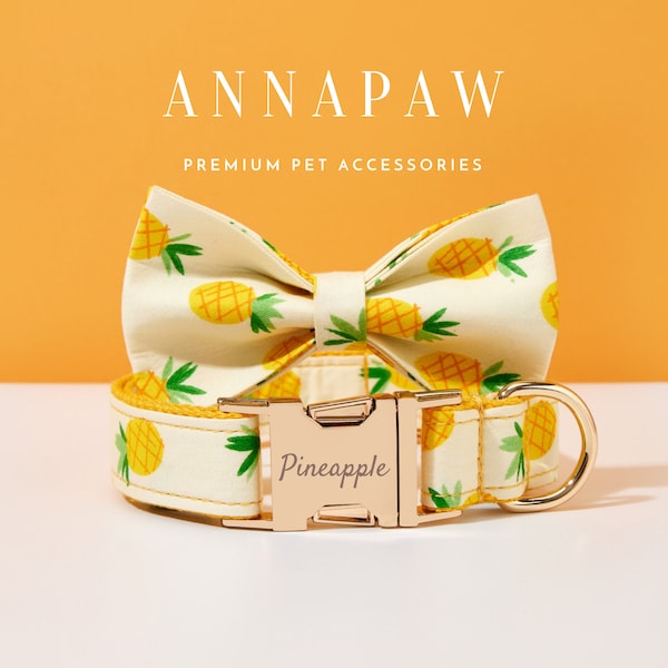 Pineapple Print Dog Collar Leash Bowtie Set,Handmade Puppy Collar Bowtie,Personalized Dog Collar Leash For Birthday Gift,Fancy Dog Collar