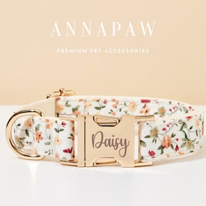 Handmade Floral Dog Collar with Personalized Tag, Flower Dog Collar and Leash with Bow, Collar for Wedding Gift, Engraved Name on Dog Collar image 6