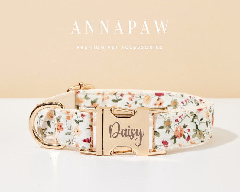 Handmade Floral Dog Collar with Personalized Tag, Flower Dog Collar and Leash with Bow, Collar for Wedding Gift, Engraved Name on Dog Collar image 6