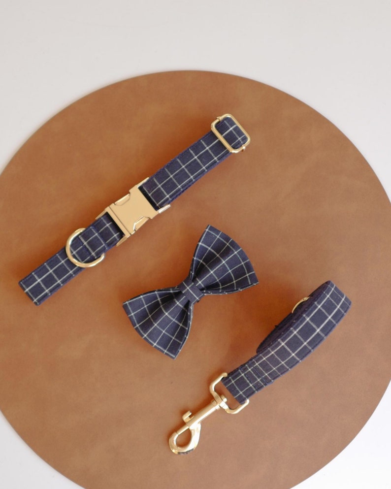 Free Name Engraving Navy Blue Plaid Personalized Dog Collar and Leash Bow tie set