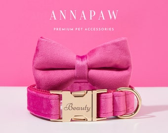 Personalized Rose Pink Velvet Dog Collar Bowtie Set,Handmade Puppy Collar Leash Bowtie For Wedding Gift,Fancy Engraved Dog Collar