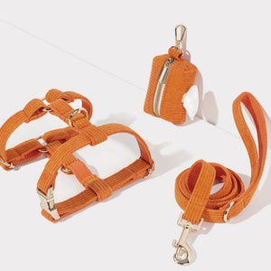 Soft Orange Corduroy Dog Harness Dog Leash Dog Poo Bag Dispenser,Personalised Step in Harness with Fancy Engraved Nameplate For Wedding Gift