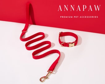 Personalized Red Corduroy Dog Collar Bow Set,Fancy Puppy Lead Collar Bow,Handmade Dog Collar for Wedding Gift,Engraved Name on Dog Collar