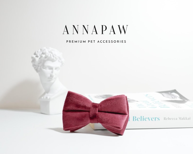 May include: A burgundy velvet bow tie for pets. The bow tie is on a white surface with a white bust sculpture and a book titled "Believers" by Rebecca Makkai in the background.