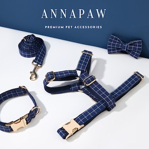 Navy Plaid Dog Harness and Leash Collar Bow Set, Personalised Harness with Name Engraved, Boy Dog Harness Bow tie Collar Set