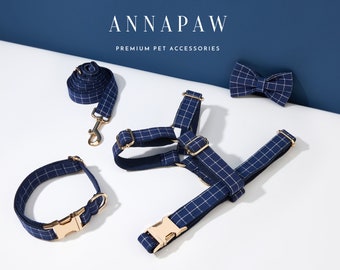 Navy Plaid Dog Harness and Leash Collar Bow Set, Personalised Harness with Name Engraved, Boy Dog Harness Bow tie Collar Set