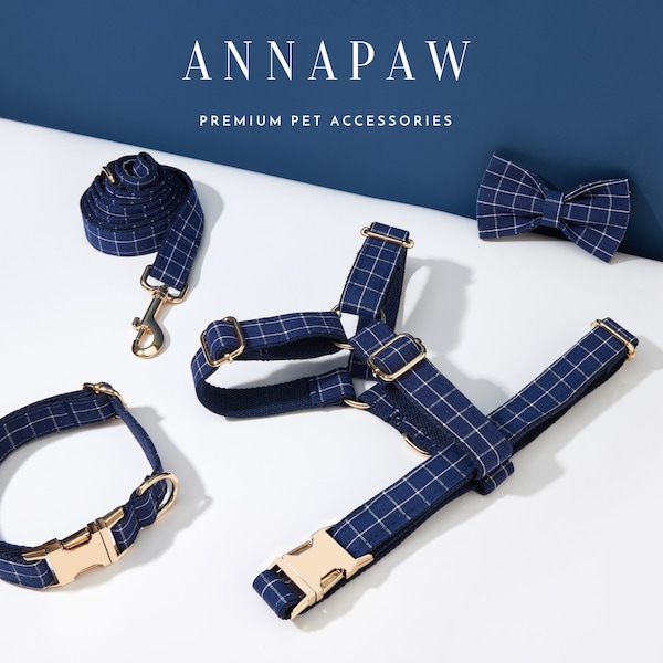 Navy Plaid Dog Harness and Leash Collar Bow Set, Personalised Harness with Name Engraved, Boy Dog Harness Bow tie Collar Set