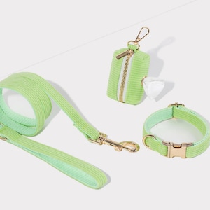 Luxurious Dog Collar Dog Leash and Dog Poo Bag Dispenser,Personalised Green Corduroy Puppy Collar Leash Set,Soft Dog Collar Poo Bag Holder
