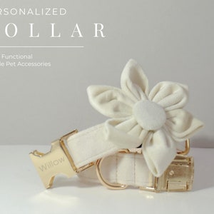 Puede incluir: Un collar de perro blanco personalizado con una hebilla dorada y un dije de flor blanca. El collar est&aacute; grabado con la palabra "Willow".