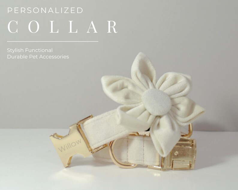 Puede incluir: Un collar de perro blanco personalizado con una hebilla dorada y un dije de flor blanca. El collar est&aacute; grabado con la palabra "Willow".