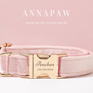 Fancy Baby Pink Velvet Puppy Collar Leash Set,Personalized Dog Collar Bowtie Set For Birthday Gift,Handmade Engraved Dog Collar Leash Bow