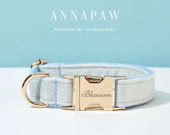 Custom Baby Blue Velvet Dog Collar Bowtie Set,Handmade Puppy Collar Leash Set,Fancy Dog Collar Leash Bowtie For Gift,Engraved Dog Collar Bow