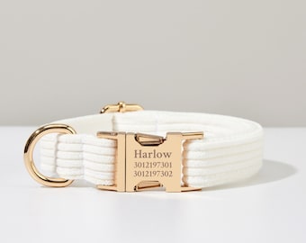 White Wedding Dog Collar Bow tie Set, Personalized Corduroy Dog Collar and Leash, Collar for Wedding Gift,Free Engraved Name on Puppy Collar
