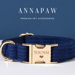Personalized Dog Collar Bow tie Set,Navy Blue Corduroy Dog Lead Collar with Bow, Collar for Wedding Gift,Free Engraved Name on Puppy Collar