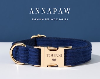 Personalisierte Hundehalsband Fliege Set, dunkelblau Cord Hundehalsband mit Schleife, Halsband für Hochzeitsgeschenk, kostenlos eingravierte Name auf Welpen Halsband