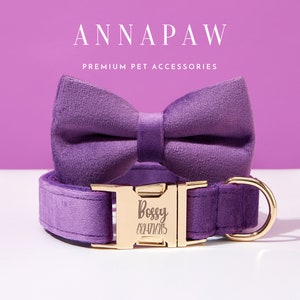 Arnés de terciopelo morado para perro, nombre personalizado grabado y collar con lazo. imagen 5