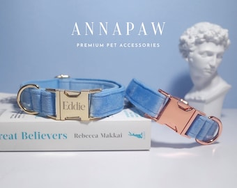 Sky Blue Personalized Dog Collar Set,Handmade Thick Velvet Boy Puppy Collar and Leash,Wedding Dog Collar with Gold Custom Engraved Nameplate