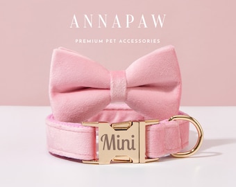 Custom Hot Pink Velvet Dog Collar Bow tie Set,Handmade Puppy Collar Leash Set,Fancy Dog Collar Leash Bowtie For Birthday Gift