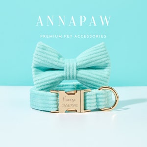 Personalized Dog Collar Bow tie Set, Aqua Corduroy Dog Lead Collar with Bow, Collar for Wedding Gift,Free Engraved Name on Puppy Collar