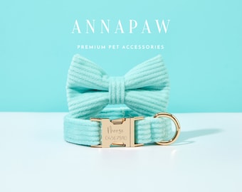 Personalized Dog Collar Bow tie Set, Aqua Corduroy Dog Lead Collar with Bow, Collar for Wedding Gift,Free Engraved Name on Puppy Collar