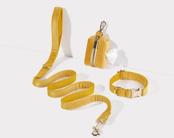 Luxurious Yellow Velvet Dog Collar Leash with Dog Poo Bag Holder,Soft Handmade Puppy Collar Leash,Engraved Dog Collar With Dog Leash