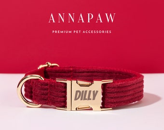 Custom Burgundy Corduroy Puppy Collar Bow tie Set, Fancy Dog Lead Collar with Bow, Collar for Wedding Gift,Free Engraved Name on Dog Collar