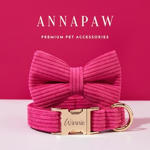 May include: A hot pink corduroy dog collar and matching bow tie set. The collar features a gold-colored buckle engraved with the name "Winnie". The image also displays the text "ANNAPAW PREMIUM PET ACCESSORIES".