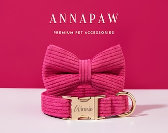 Collier de chiot en velours côtelé rose rose personnalisé, collier fantaisie pour chien avec nœud, collier pour cadeau de mariage, nom gravé gratuit sur le collier de chien