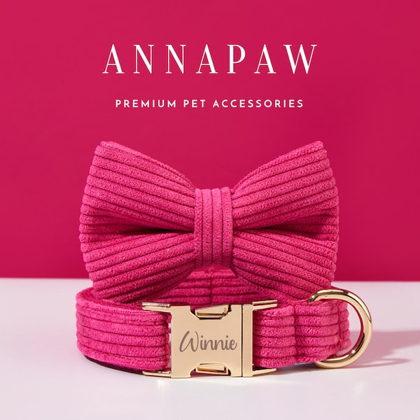 Conjunto de corbata de lazo con cuello de cachorro de pana rosa personalizado, collar de plomo de perro elegante con lazo, Collar para regalo de boda, nombre grabado gratis en el Collar de perro