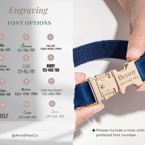 May include: A blue velvet dog collar with a gold buckle. The buckle is engraved with the name "Benny" and a phone number. The image shows 12 different font options for engraving.