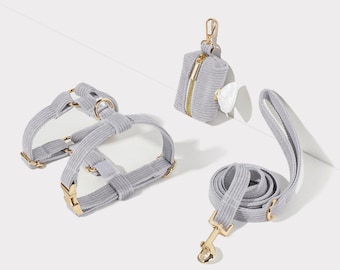 Custom No Pull Hundegeschirr Leine Set in Grau Cord, weiche Samt Welpen Geschirr Welpen Leine Hündchen Poo Dispenser, ausgefallene Hundegeschirr Set