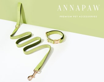 Luxurious Avocado Velvet Dog Collar Bowtie Set,Handmade Puppy Collar Leash Bowtie For Wedding Gift,Custom Engraved Dog Collar Bowtie Leash