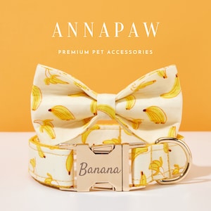 Bananmönster Personligt Hundhalsband Rosett Set, Valphalsband med Namn Graverat, Anpassat Pojkehundhalsband, Rutigt Hundhalsband