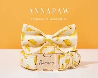Banana Pattern Personalized Dog Collar Bow Set, Puppy Collar with Name Engraved,Custom Boy Dog Collar, Plaid Dog Collar