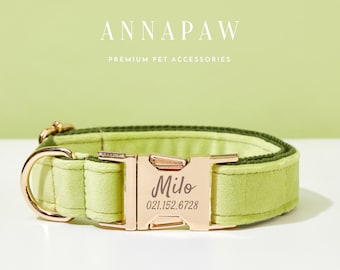 Luxurious Avocado Velvet Dog Collar Bowtie Set,Handmade Puppy Collar Leash Bowtie For Wedding Gift,Custom Engraved Dog Collar Bowtie Leash