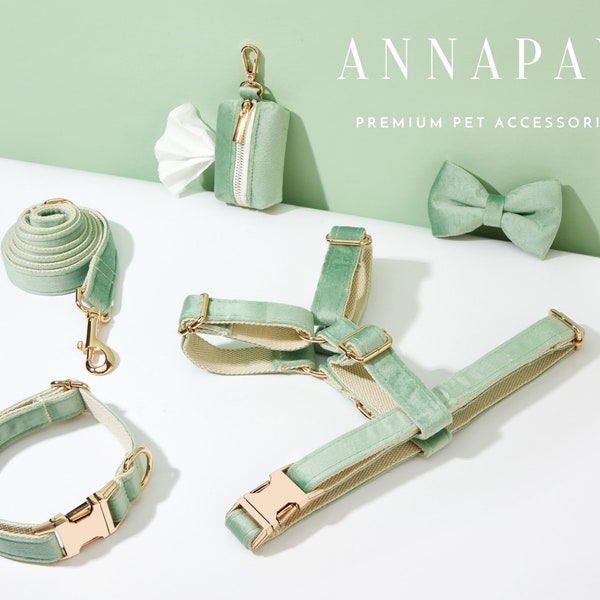 Sage Velvet Dog Harness and Leash Collar Bow Set, Personalised Girl Harness with Name Engraved,Soft Luxury Harness Bow tie Collar