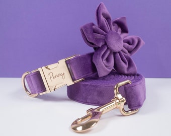 Purple Personalized Dog Collar Flower, Thick Velvet Dog Collar Wedding, Luxury Pet Puppy Collar for Small Dogs, Engraved Collar with Name